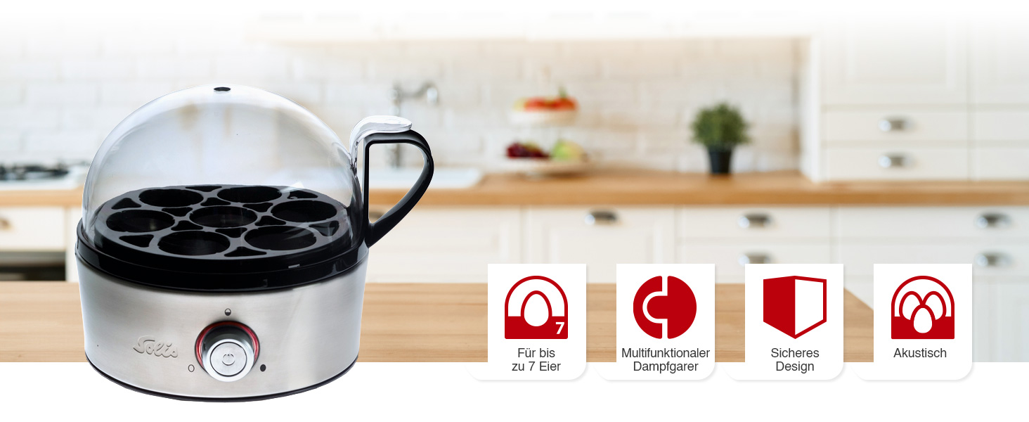 Яйцеварка Solis 8272 з функцією пароварки – нержавіюча сталь, до 7 яєць, регулювання ступеня готовності, LED-дисплей, звуковий сигнал, безпечна та легка у чищенні