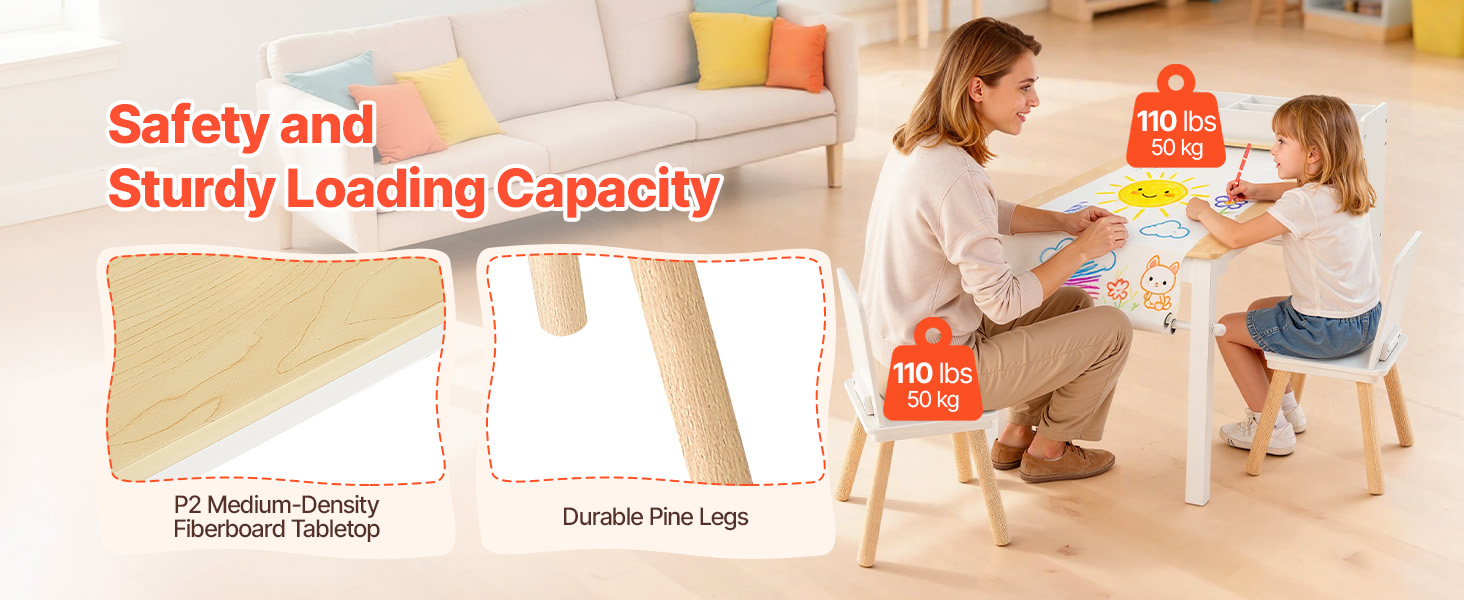 Дитячий стіл VEVOR з 2 стільцями та шафкою 3 ящики, набір для малювання, читання, письма, ігор, дитяча кімната, дитячий садок, білий + натуральне дерево, сучасний дизайн