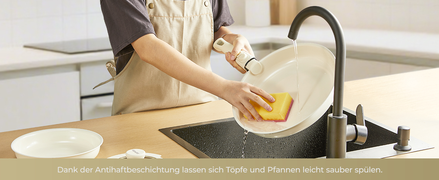 Набір посуду FOHERE 8 предметів: каструлі та сковороди з 2 знімними ручками, сковорода 20/28 см, каструлі 2.6/1.4 л, підходить для всіх плит (індукція), безпечний у духовці та посудомийній машині, бежевий