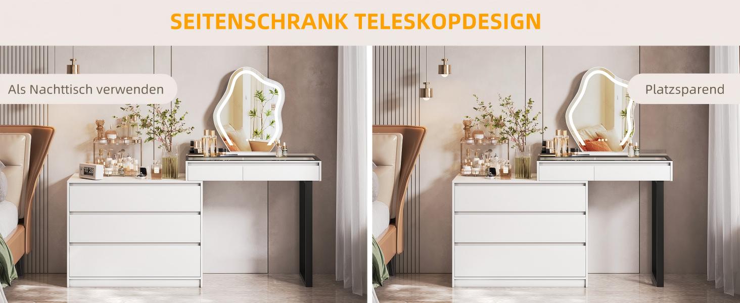 Тюль для макіяжу BROTTAR з регульованою LED-підсвіткою, туалетний столик зі дзеркалом, тумбочка з 5 висувними ящиками, кутовий туалетний столик, L-подібний, кутовий туалетний столик зі скляною стільницею, білий, стиль A