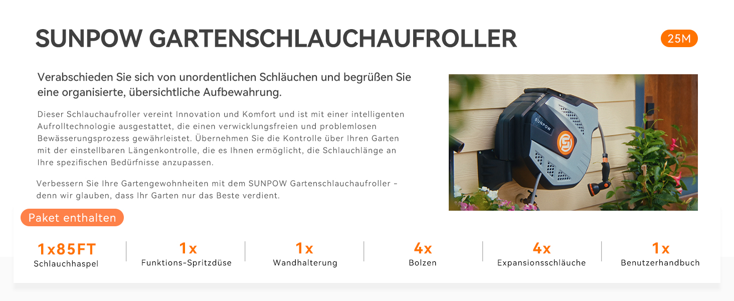 Шланг для поливу SUNPOW RollUp 25м з автоматичним змотуванням, настінний, сірий, з 10 функціональними розпилювачами