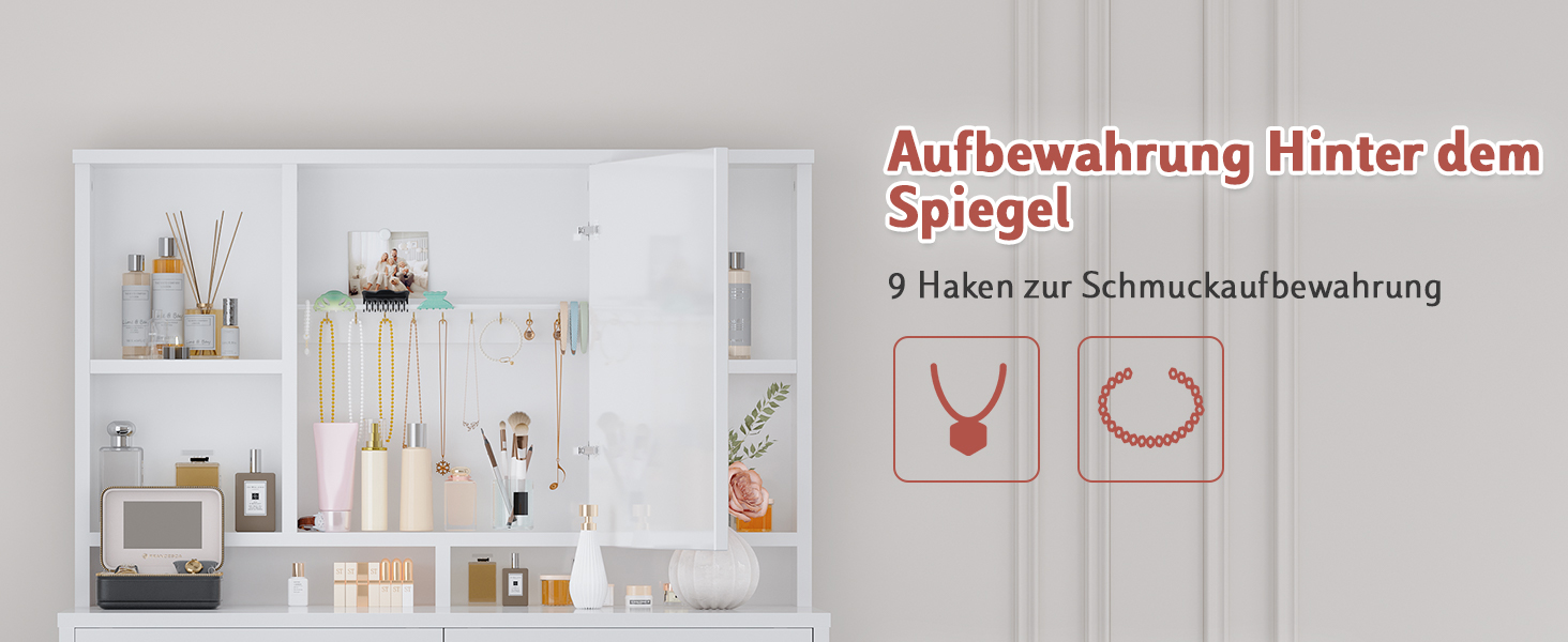 Трюмо JUMMICO з LED-підсвічуванням, дзеркалом та гачками для прикрас, 2 шухляди, 4 відкриті полиці, білий колір