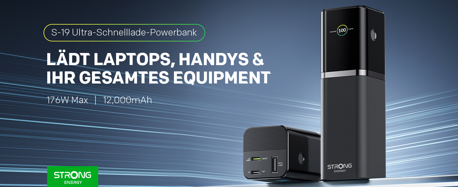 Power Bank STRONG S-19, 12000mAh, 176W, USB-C PD 3.1 + UFCS, TFT-дисплей, для iPhone, Galaxy, MacBook, iPad, 12000 мАг