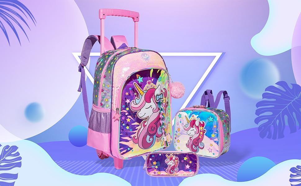 Дитячий рюкзак Egchescebo Satchel для дівчаток на колесах 17 3PCS Туристичні рюкзаки (Pink-djs)