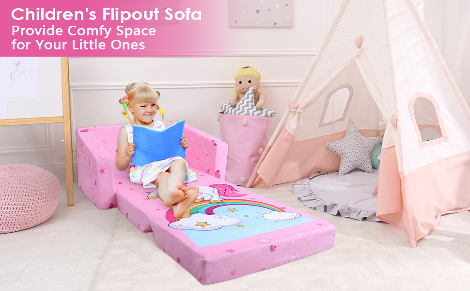 Дитяче крісло-софа 2 в 1 з кишенькою та неслизьким подушкою, розкладне, з єдинорогом для дитячої, вітальні, ігрової кімнати