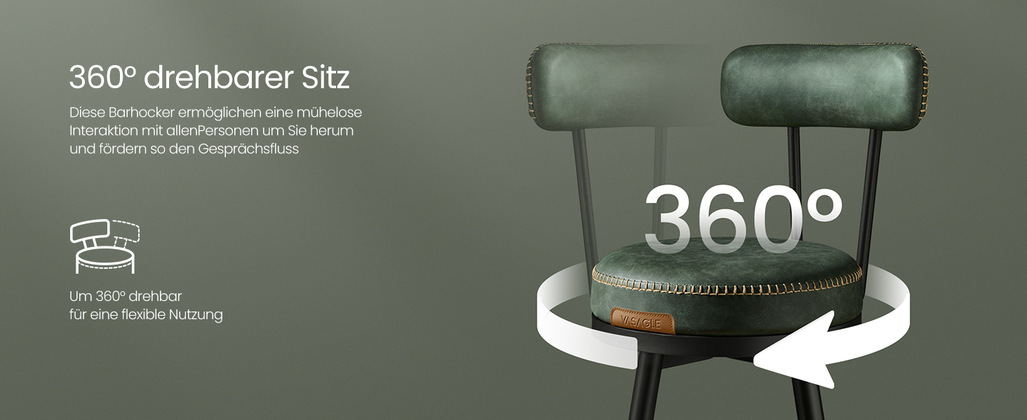 Барні стільці VASAGLE EKHO - набір 2 шт, 360° обертання, з підлокітником, для кухонного острова, стиль Mid-Century Modern, 65 см, зелений