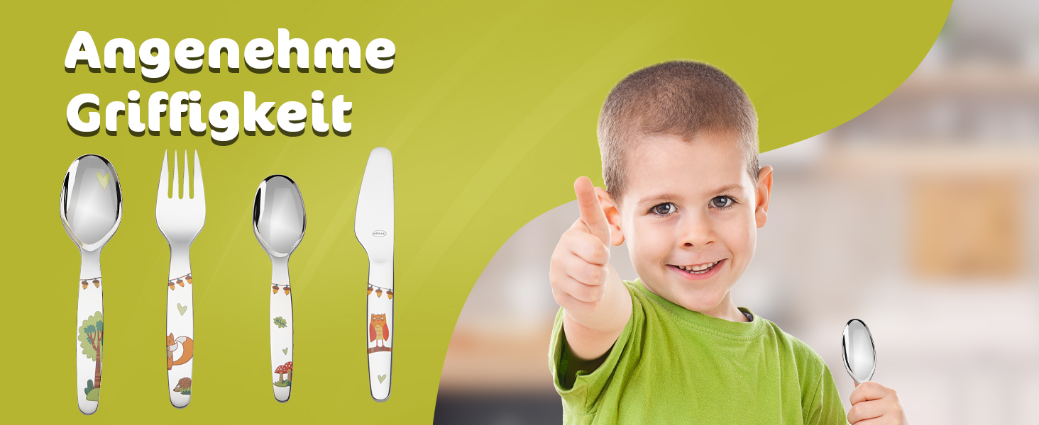Дитячий набір столових приборів RÖSLE 'Waldfreunde' (4 шт.) з нержавіючої сталі 18/10, для дітей від 3 років, придатний для миття в посудомийній машині, чудовий подарунок на хрещення для хлопчиків та дівчаток