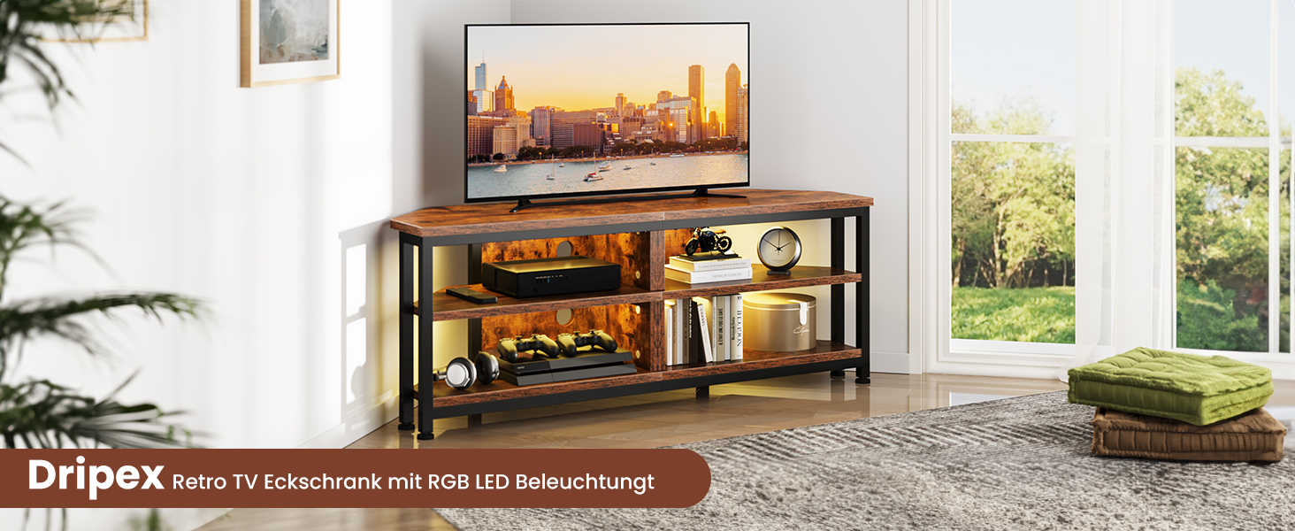 Тумба під телевізор кутова Dripex з LED підсвіткою, стиль Індастріал, дерево-метал (106x36x45.5 см)