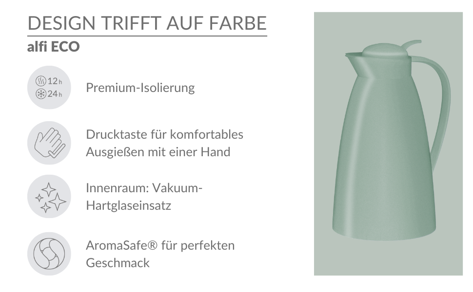 Термос Alfi ECO 1.0л, темно-сірий, з термоізоляційним скляним вкладишем, з кришкою-поворотом та зручною кнопкою, для однієї руки, ідеальний для кави та чаю, без BPA