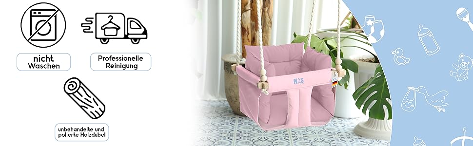 Дитяча гойдалка для дому та саду з бука, рожева. Максимальне навантаження 25 кг. Комплект кріплення