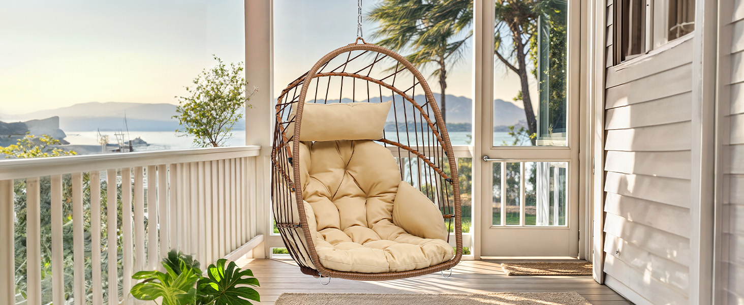 Крісло-гойдалка YITAHOME для тераси, саду, вітальні. Міцний ротанг, 150 кг, з подушками (105x74x72 см)