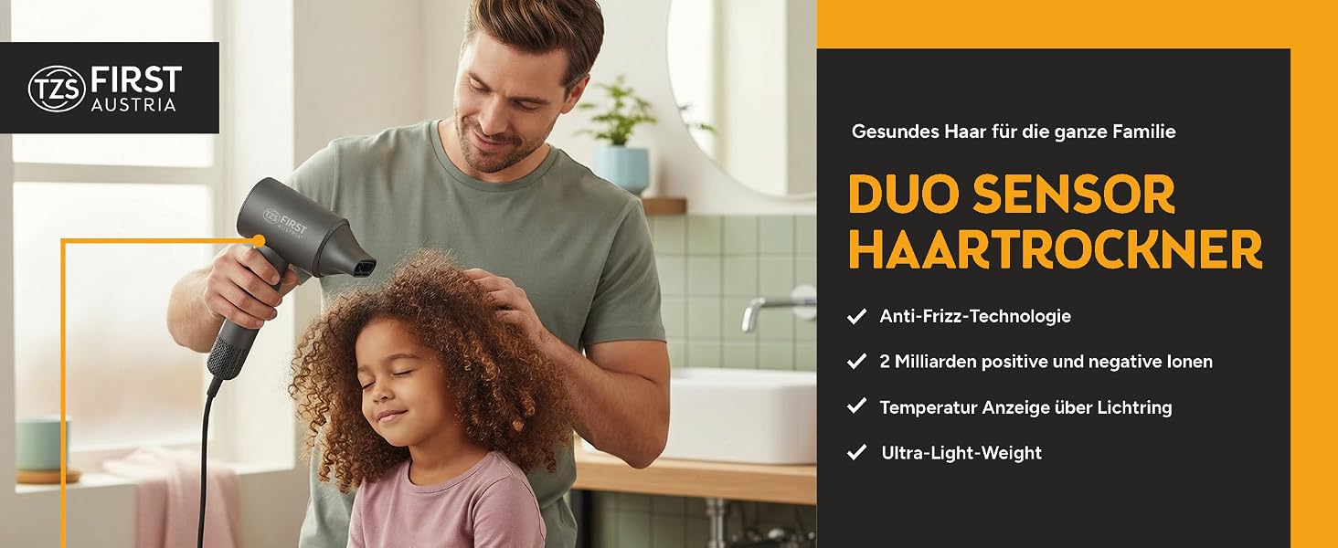 Фен First Austria Duo Sensor з плазмотехнологією: ультралегкий, тихий, 5 режимів, іонізація 110 000 U/min, насадка-концентратор