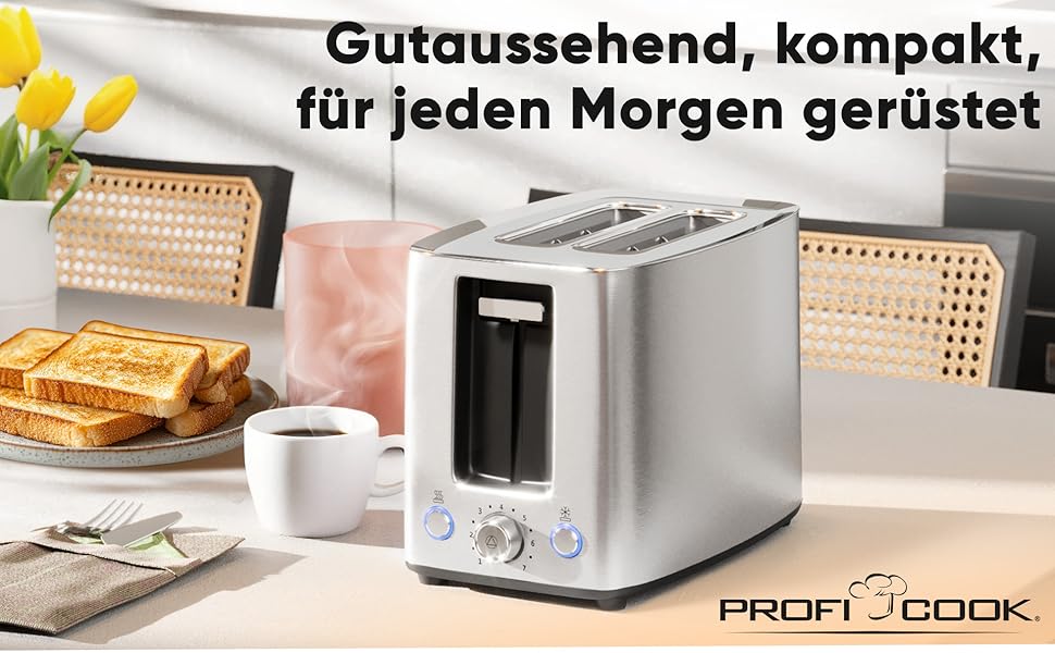 Тостер ProfiCook Edelstahl PC-TA 1279 сріблястий - 2 слоти, для бутербродів, вафель та булочок, з насадкою для булочок, нержавіюча сталь