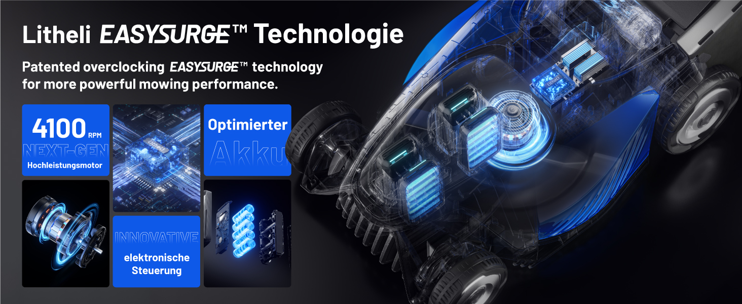 Акумуляторний акумуляторний газонокосарка Litheli Easysurge 43 см, 40V, самохідна, безщітковий двигун, до 500 м², 50 л, 25-75 мм, 2 x 4.0 Ah