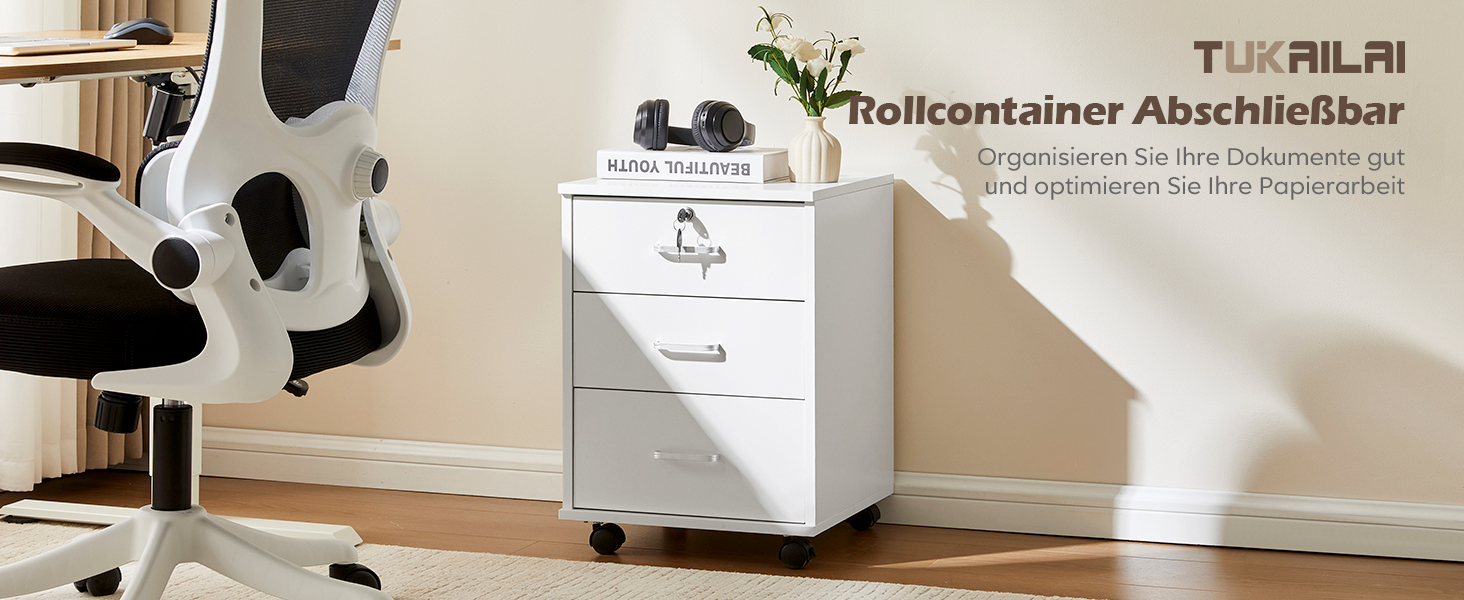 Тумба для документів TUKAILAI на коліщатках, 3 висувні ящики, білий колір, 2 шт.