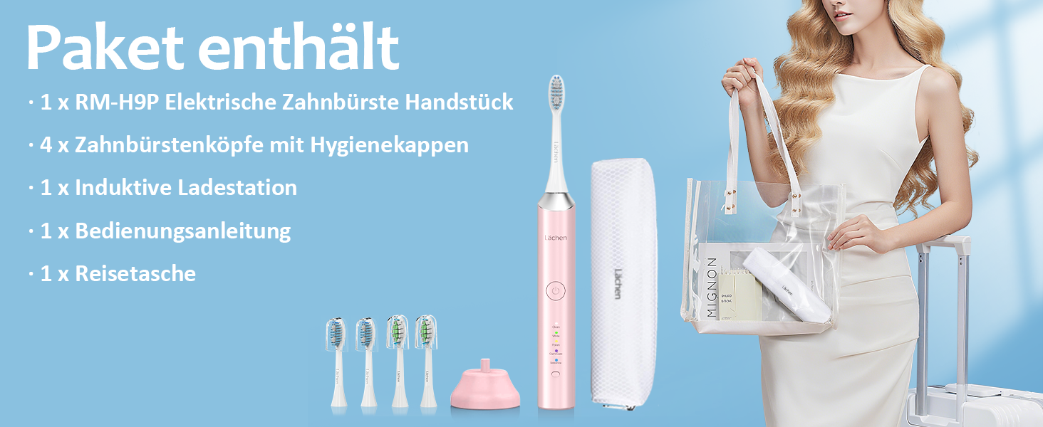 Електрична звукова зубна щітка Läschen, 5 режимів, з чохлом для подорожей, 4 насадки, USB-зарядка на 60 днів, таймер, IPX7 водонепроникність, рожева