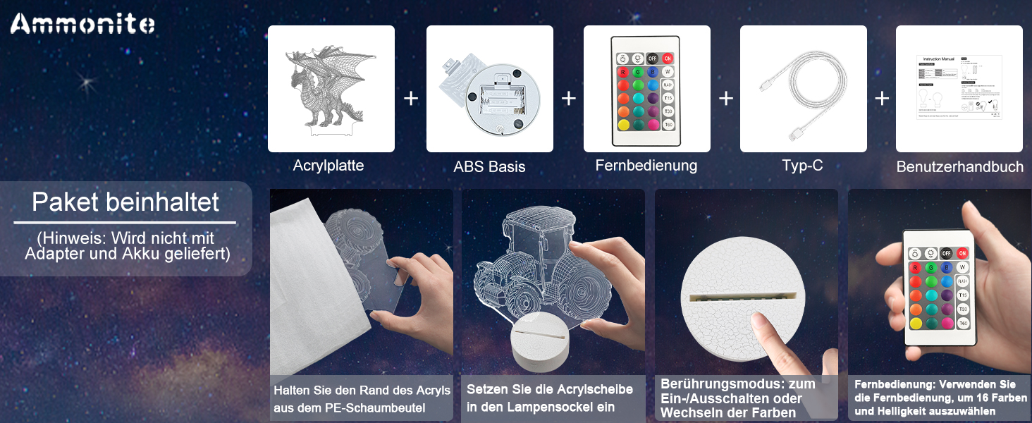 Лампа Ammonite 3D Dragon нічник 16 кольорів з пультом дистанційного керування - подарунок дитячій