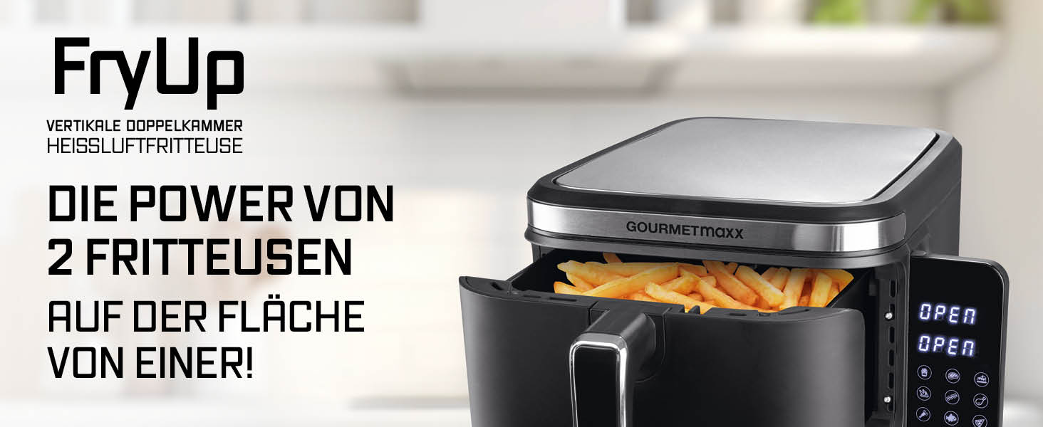 Фритюрниця повітряна Gourmetmaxx FryUp з вертикальною подвійною камерою, 10 літрів (2x5л), сенсорний дисплей