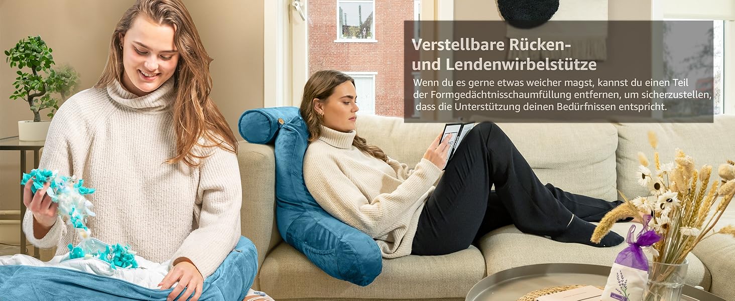 Подушка для читання Ella Lesekissen для ліжка та дивану з знімною подушкою для шиї - спинна подушка для ліжка. Зроблена з піни з пам'яті з підлокітниками, ідеально підходить для читання, перегляду телевізора, відпочинку або як спинна підтримка (Блакитний)