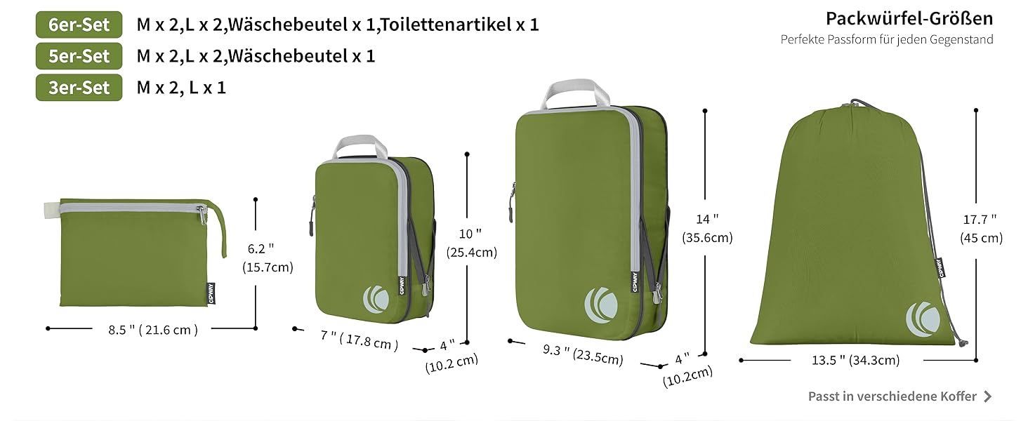 Набір компресійних органайзерів для одягу Cipway для подорожей, ультралегкі пакувальні куби для валізи та рюкзака, 6 шт, зелений