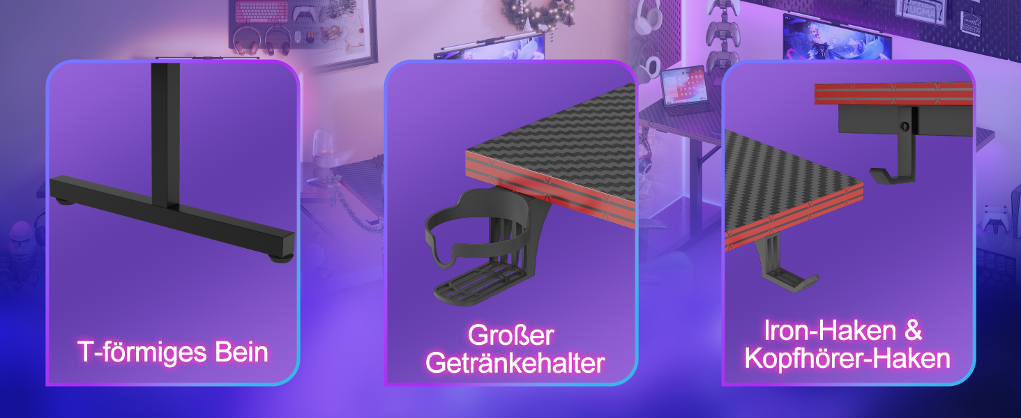 Ігровий стіл Devoko 160x60 см з LED підсвічуванням, підставка для монітора, карбонове покриття, ергономічний дизайн, чорний