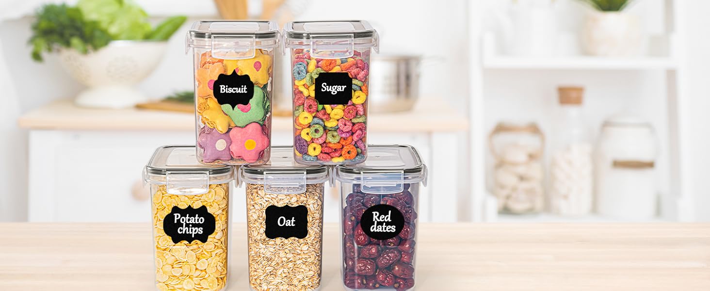 Набір контейнерів для зберігання GoMaihe (24 шт) з герметичними кришками: контейнери для продуктів з етикетками та маркером | Коробки для зберігання на кухню для мюслі, борошна, кукурудзяних пластівців та цукру | Без BPA | Можна мити в посудомийній машині, чорний - 24 шт.