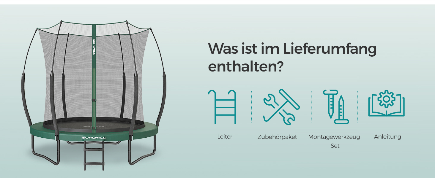 Батут SONGMICS для дітей вуличний Ø244/305/366 см, з захисною сіткою, еластичними тросами та стійками з скловолокна, зелений