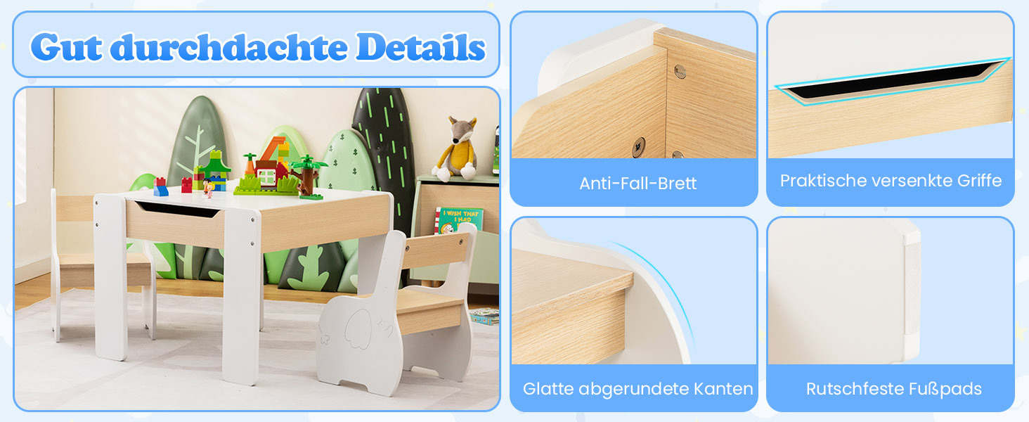 Дерев'яний дитячий стіл з 2 стільцями DREAMADE, 3 шт. Дитяча меблева група з двостороннім столом та місцем для зберігання, набір меблів для дітей, для хлопчиків та дівчаток (білий)