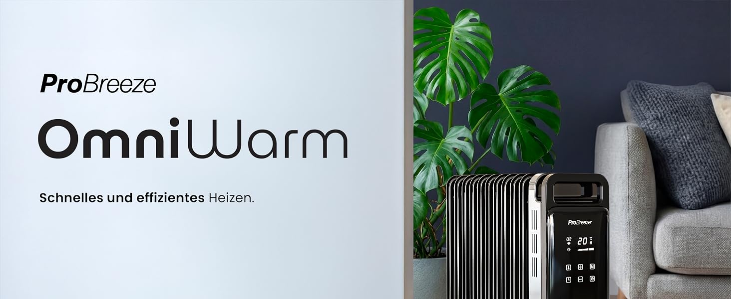 Розумний електричний масляний радіатор Pro Breeze 2500W, 11 секцій, з керуванням через Wi-Fi (Smart App), таймером на 24г, термостатом та сенсорним дисплеєм, чорний