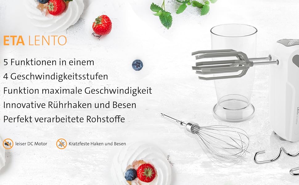 Ручний міксер ETA Lento з ергономічним дизайном ручки - 4 швидкості, 600 Вт, білий і сірий