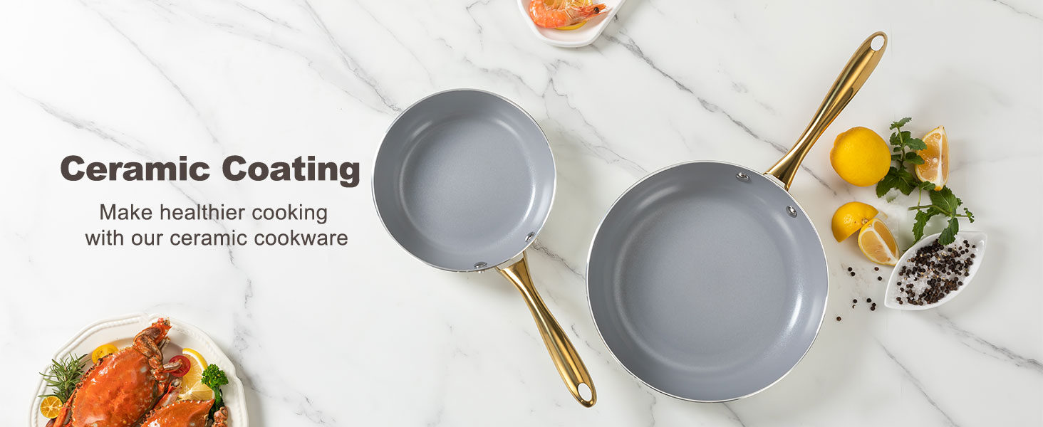 Набір посуду з керамічним покриттям: каструлі та сковорідки з кришками, здоровий, антипригарний (без PFAS, PFOA), для плити, духовки, мийки, бежевий/білий з золотом