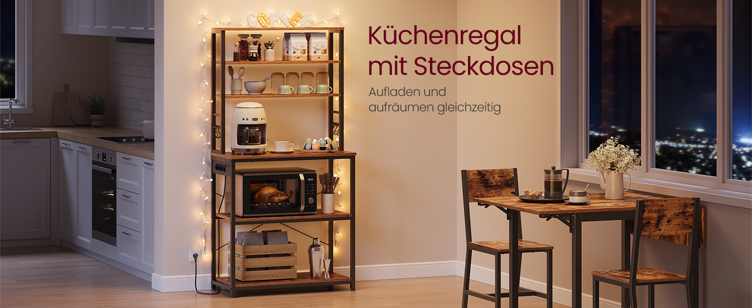 Стелаж кухонний VASAGLE з розетками, 6 полиць, гачки, сталевий каркас, 40 x 80 x 167 см, вінтажний коричневий + чорний, KKS119K06 80B cm