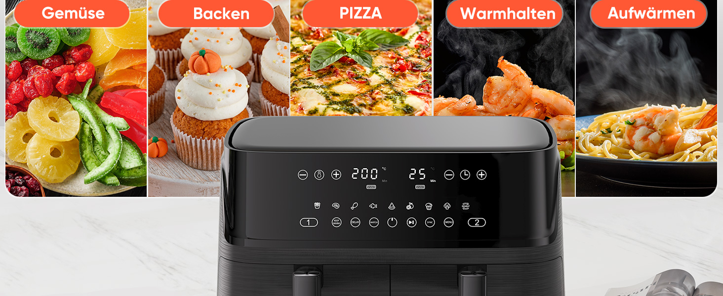 Фритюрниця повітряна 10л, 2 камери, 10-в-1, з цифровим керуванням, таймер, 40 рецептів, для 6-10 осіб