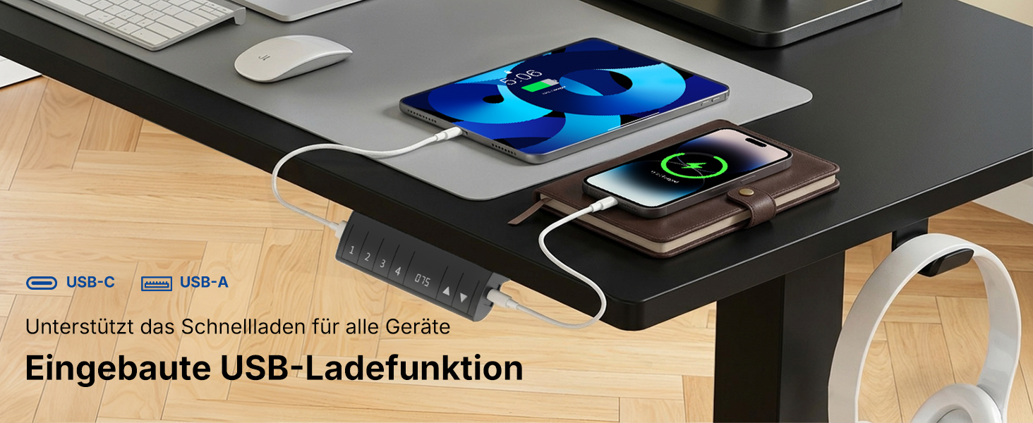 Регульований стіл HUANUO 160x80 см з USB-C/USB-A, чорний - для дому та офісу