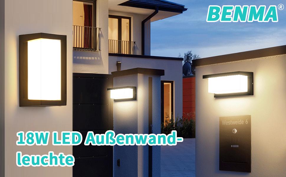 Стіна LED-світильник BENMA 18W, водонепроникний IP65, тепле біле світло 3000K, прямокутний алюминієвий світильник для вулиці, саду, ванної кімнати та гаража, 260x125x125мм