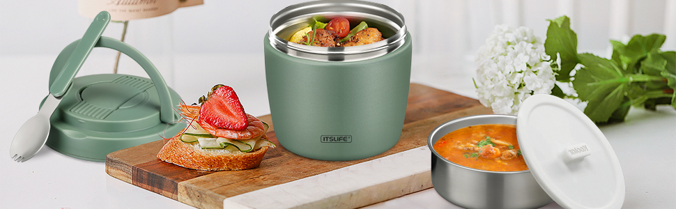 Термоконтейнер для їжі Itslife 970 мл, термоконтейнер з кришкою, з нержавіючої сталі з ложкою, термотермос для їжі, термоланчбокс для супів, дитячого харчування, каші (зелений)