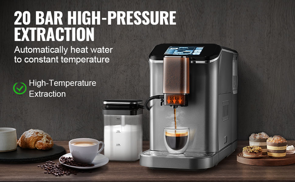 Автоматична кавомашина VEVOR CM9002A-GS з вбудованою кавомолкою, 15 ступенів помелу, резервуар для води 1.5 л, контейнер для зерен 180 г