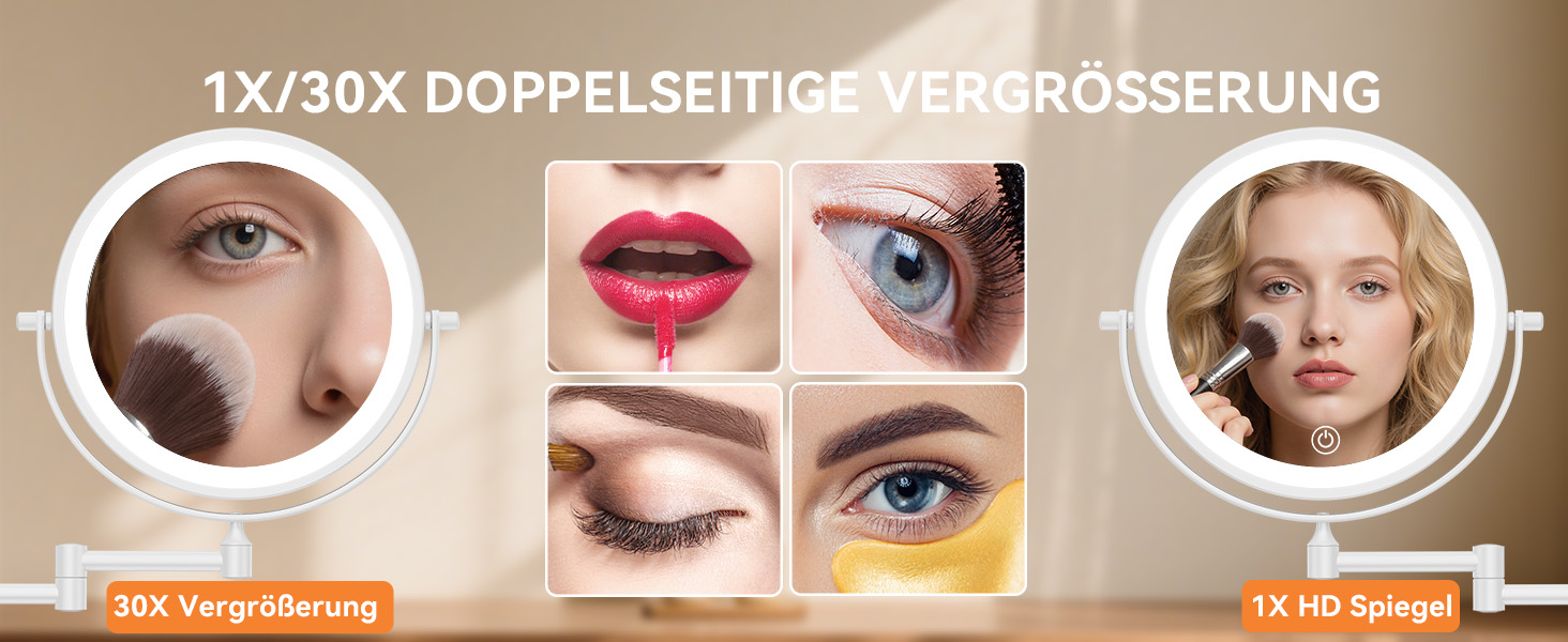 Дзеркало для макіяжу Auxmir з підсвічуванням, 1x, перезаряджуване, з підсвічуванням для гоління, настінне, з регулюванням яскравості, збільшувальне (30x), 3 кольори світла, поворотне на 360°, для ванної кімнати (білий)