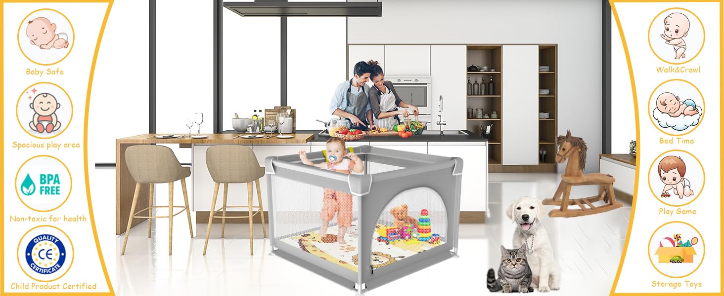 Ляльковий загін для малюків, 120x120 см з ігровим килимком, складаний, з дихаючим мережем та присосками (90x90 см з матрацом)