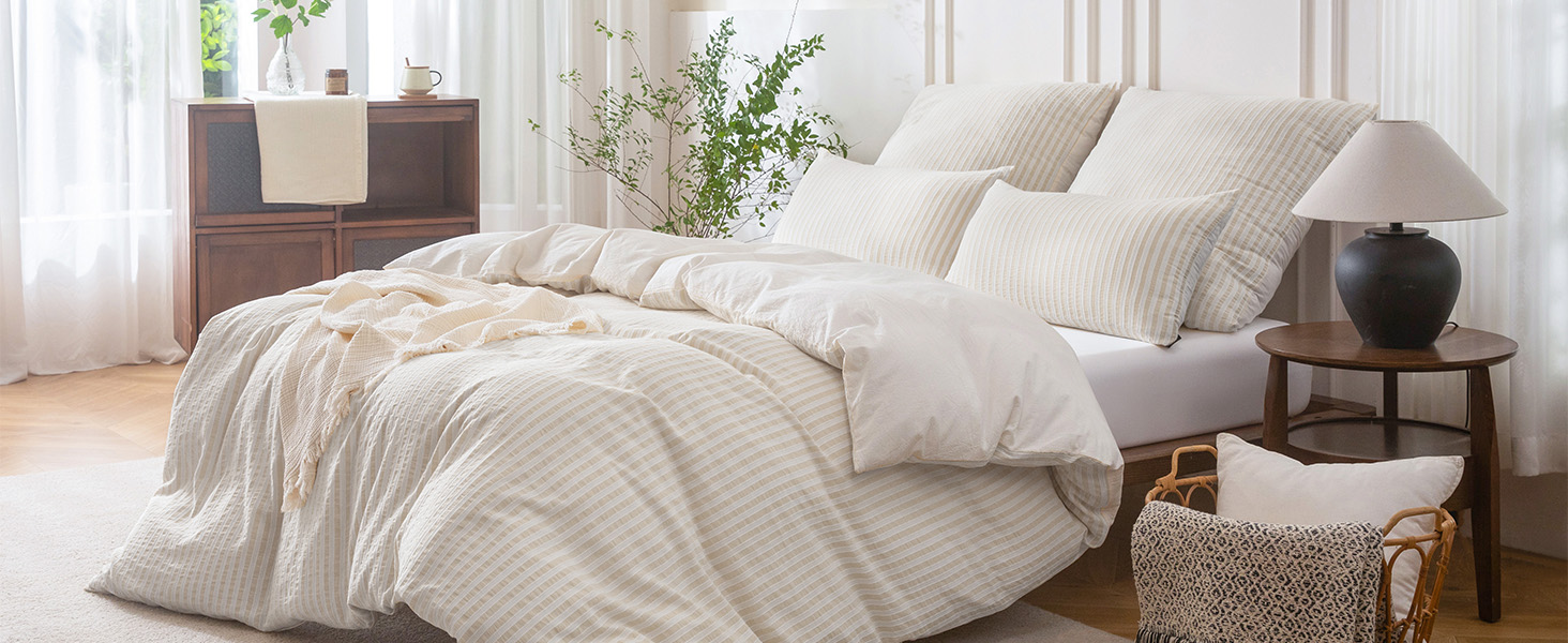 Набір постільної білизни SOULFUL 200x200, бавовна, смугастий дизайн, джакард, екологічна бавовна, бохо стиль, преміум якість, сертифікат Öko-Tex 100, колір деним (темно-зелений & білий), 4-елементний комплект (2x 135*200 см | 2x 80*80 см)