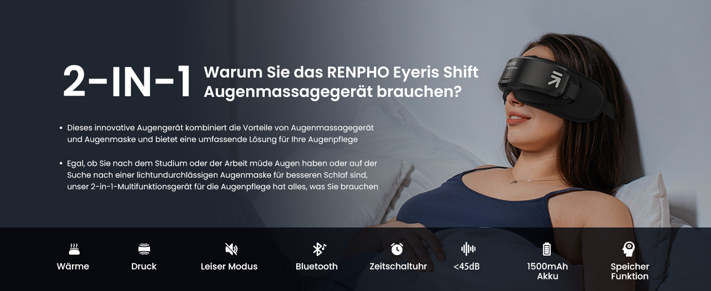 Масажер для очей RENPHO Eyeris 1 з підігрівом, вібрацією та Bluetooth, акумуляторний, для сухих очей, чорний