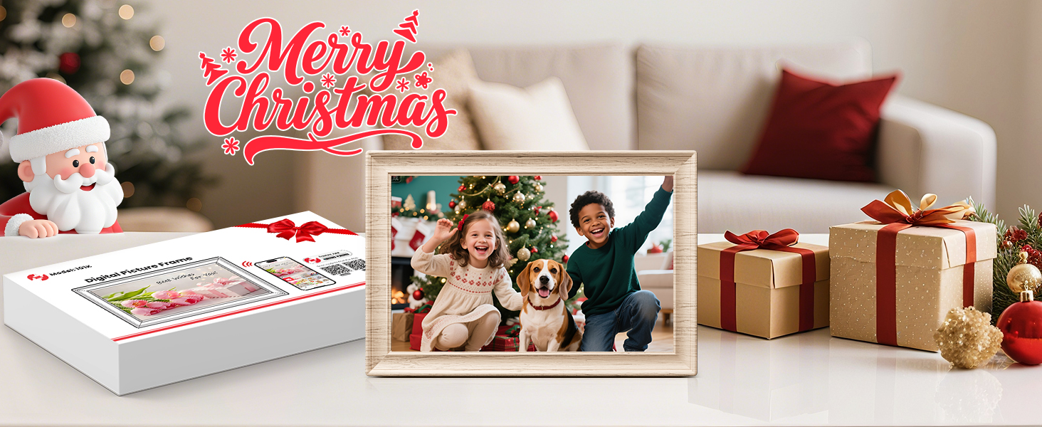 Frameo Цифровий фоторамка 10.1 дюймів, HD 1280*800 IPS сенсорний екран, 32GB пам'ять, автоповорот, Frameo App для обміну фото та відео, білий дерев'яний масив