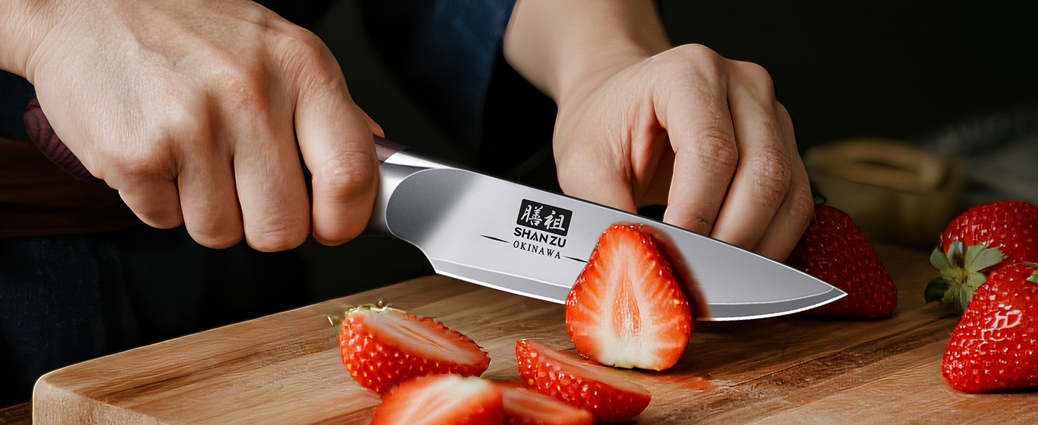 SHAN ZU Profi кухонний ніж 18 см - японський кухонний ніж з високоякісної сталі 10Cr15Mov, 12° заточка, ергономічна ручка з паккавуду - для м'яса, овочів, риби (овочечистка)