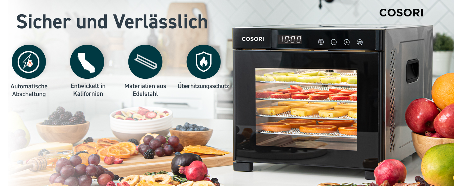 COSORI Дегідратор продуктів з 50 рецептами, 6 піддонів, 3 сітки, 3 килимки, площа 0,6 м², таймер 48 год, LED-дисплей (35°-75°C), 650W, сірий