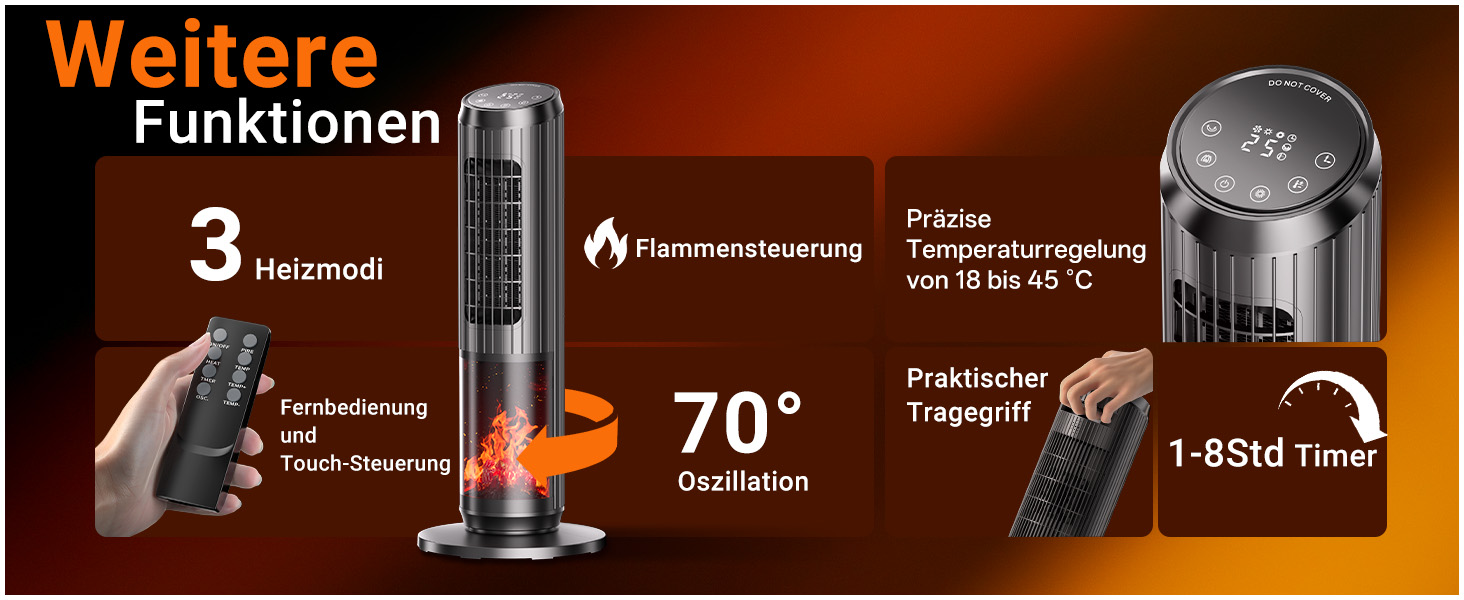 Електричний обігрівач керамічний 2000W з пультом, ефект каміну, термостат, осциляція 70°, ECO режим, 3 режими, таймер 1-8 год, захист від перегріву та перекидання, тихий для офісу та вітальні