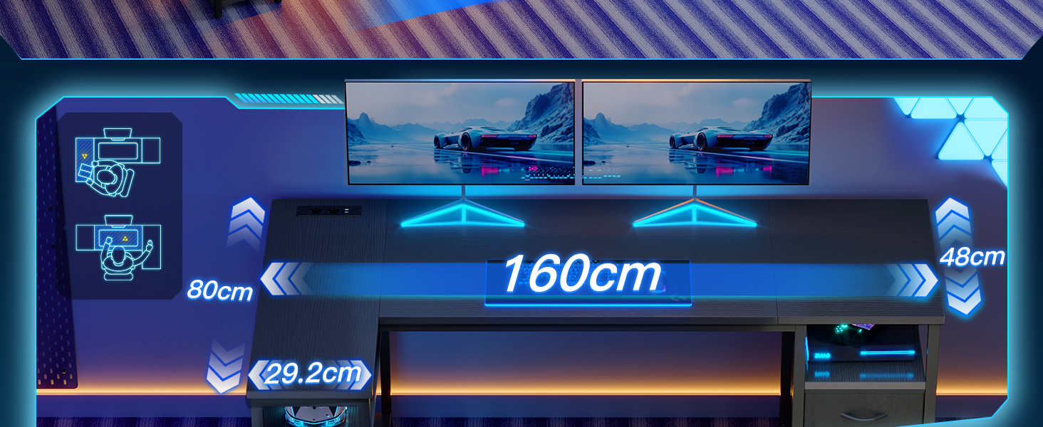 Кутовий письмовий стіл Coleshome з 2 шухлядами та полицею, 140x80 см, з розеткою, чорний. Ігровий стіл для дому та офісу
