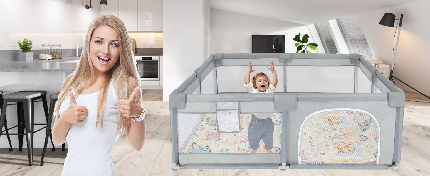 Манеж для немовлят Gupamiga 150x180x65 см з ігровим килимком, дихаючою сіткою та захисними бортиками, легкий монтаж і очищення