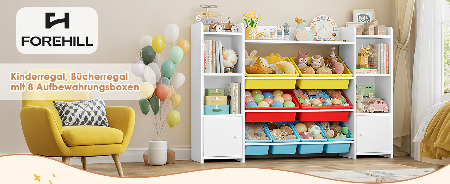 FOREHILL Регульована полиця для іграшок з 8 ящиками, дитячий шафчик, книжкова полиця для дітей, органайзер для іграшок, меблі для дитячої кімнати з іграшковою коробкою, 138,8 x 94,3 x 29,6 см, білий (білий з червоним)