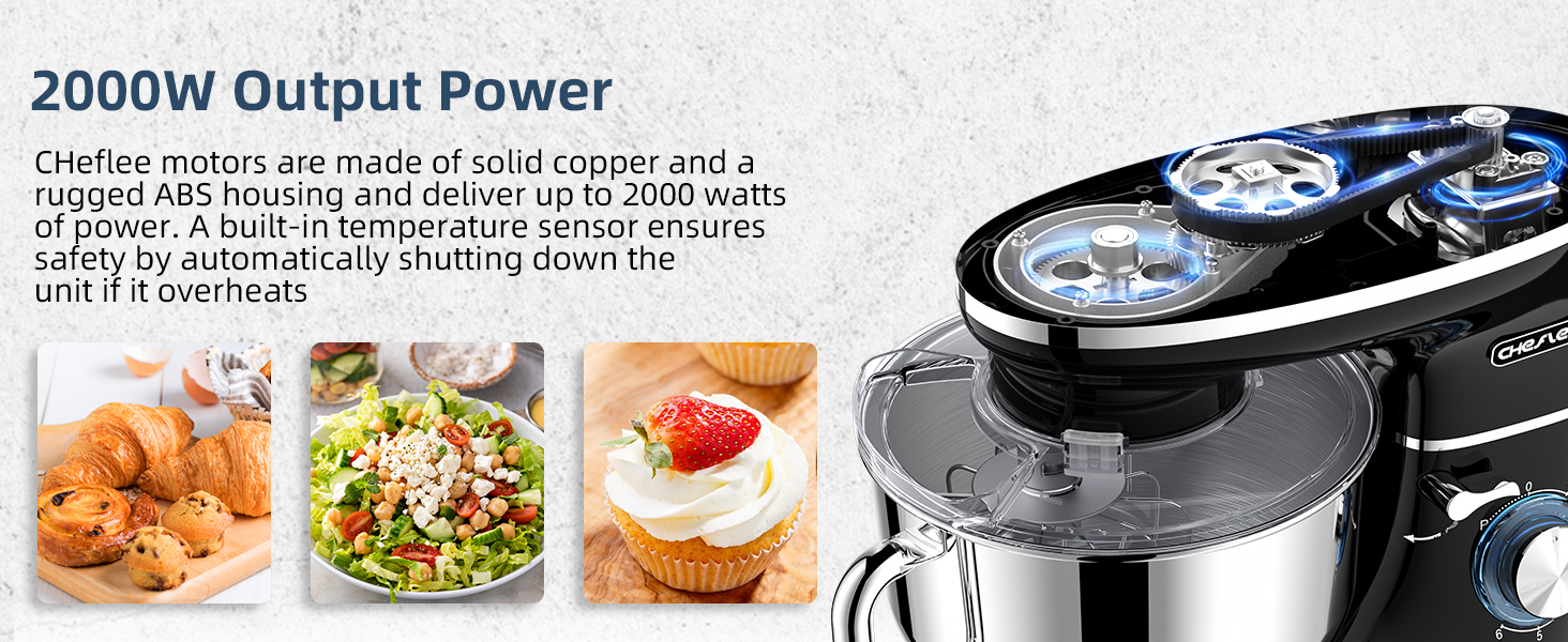 Кухонна машина Cheflee 2000W з чашею 6.2L з нержавіючої сталі, 6 швидкостей, низький шум, міксер, гак для тіста, захист від бризок, чорна