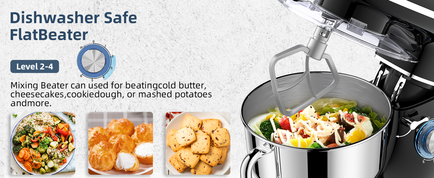 Кухонна машина Cheflee 2000W з чашею 6.2L з нержавіючої сталі, 6 швидкостей, низький шум, міксер, гак для тіста, захист від бризок, чорна